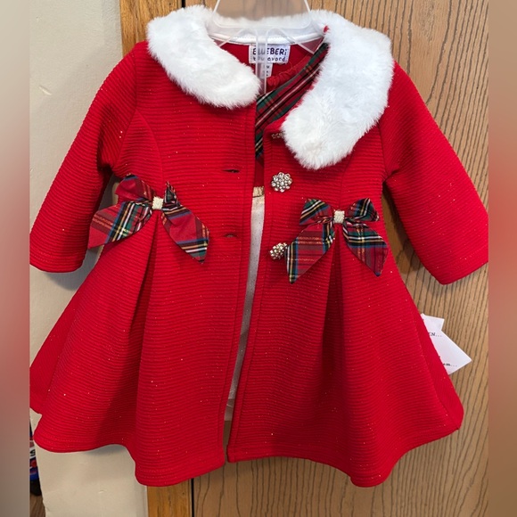 Blueberi Boulevard Red Coat & dress with Faux Fur and Plaid Bows - Picture 1 of 5